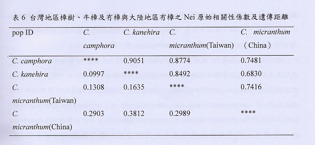 牛樟與冇樟遺傳相關係數及距離